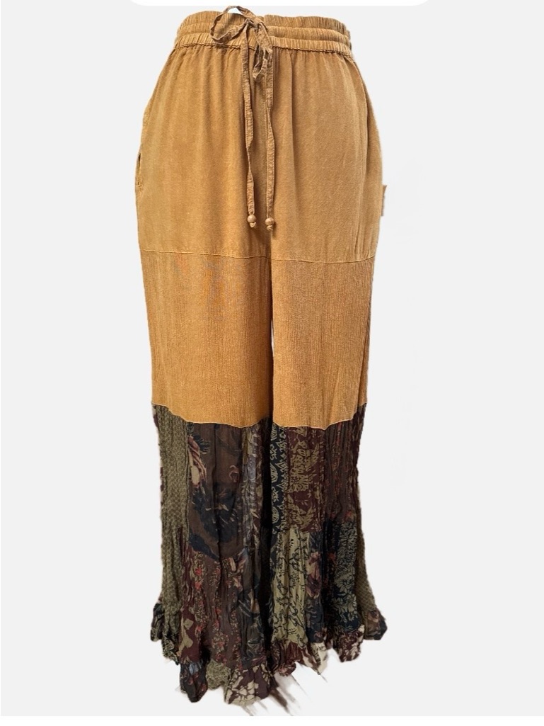 Young Threads Bohemian Wide-Leg Patchwork Pants In Camel Mustard Black Floral